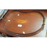 Late 19/early 20th century kidney shaped mahogany tea tray with an inlaid marquetry shell and two
