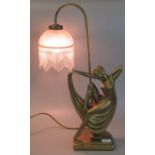 Gilt composition table lamp in the form of a semi nude Art Nouveau lady having frosted shade with