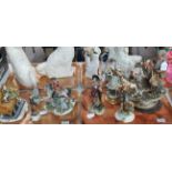 2 Trays of Capodimonte figurines, to include: a hunter with spaniels and pheasant, flower girl,