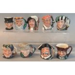 Nine miniature Doulton character jugs to include 'Blacksmith, 'The Poacher', 'The Falconer' etc. (