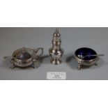3 piece silver condiment set by Mappin and Webb, Birmingham hallmarks together with two associate
