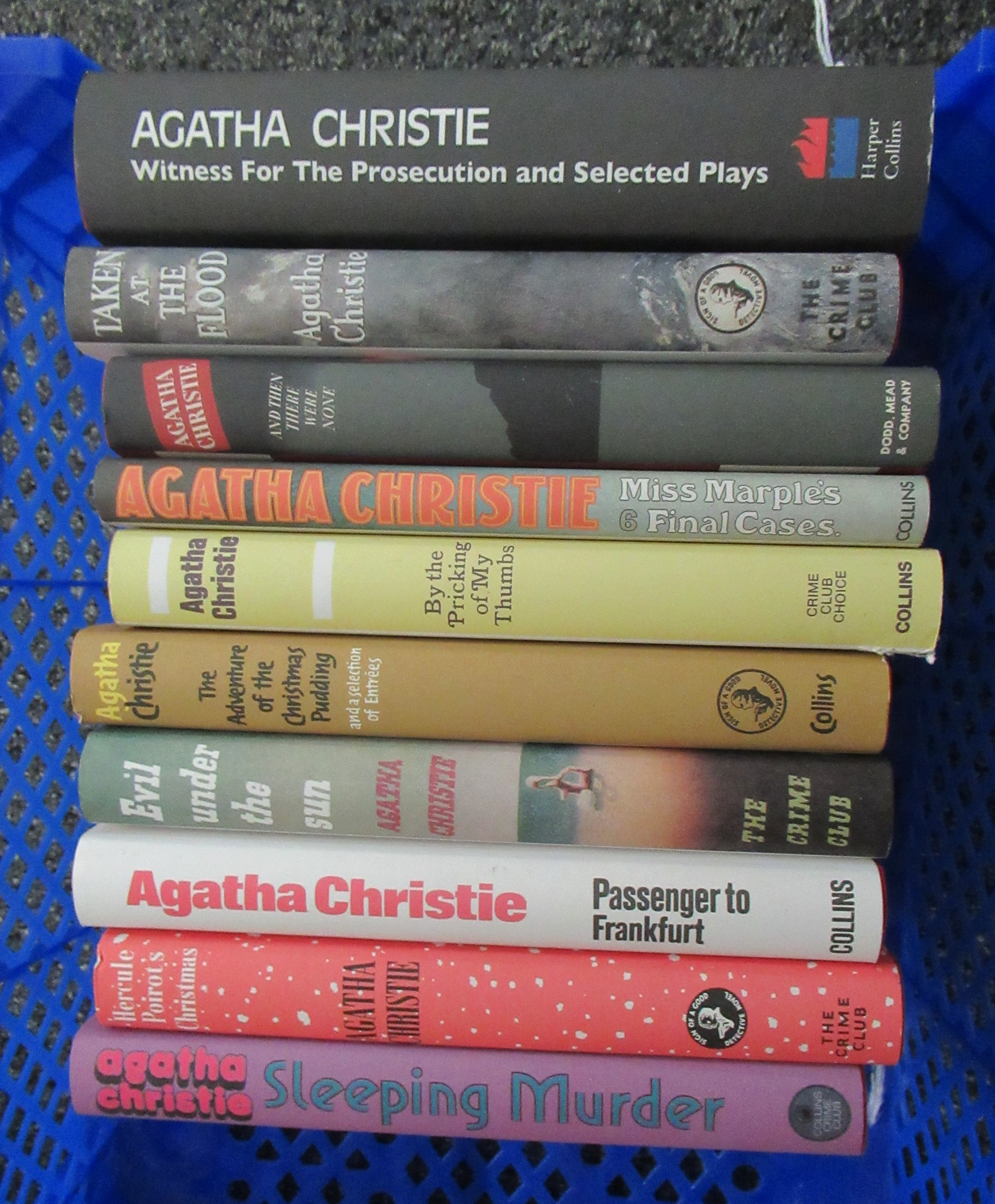 Small box of hardback Agatha Christie novels to include: 'Witness for the Prosecution', 'And then