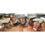 Five large Royal Doulton character Toby jugs: ' Tony Weller', 'Porthos', 'Gulliver', 'Dick Turpin'