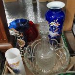 Small box of assorted glassware to include: moulded glass decanter and bowl, 2 blue glass vases,