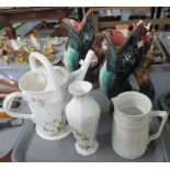 Tray with pair of Glug Glug jugs, Aynsley 'Wild Flower' porcelain watering can, white