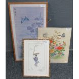 A needlepoint portrait panel of a Geisha, a Japanese print, framed and an unframed Japanese