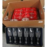 Set of six boxed French lead crystal 'Crystal Taille' champagne flutes, 6 boxed sherry glasses,