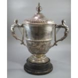 Edward VII silver two handled sporting presentation trophy cup and cover, 'Merthyr Tydfil and