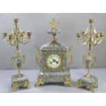 Late 19th early 20th century French grey veined marble clock garniture, the architectural clock with