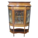 Late Victorian mahogany and mixed woods inlaid, bow front display cabinet. The moulded gallery
