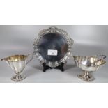 Collection of silver items, to include: small salver with shell borders and central horse