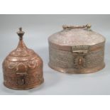 Kashmiri copper pot with lid and swing handle, engraved with flower heads and foliage. 26cm diameter