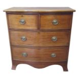 19th century mahogany bow front chest of two short and two long drawers, standing on shaped apron