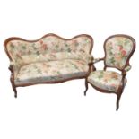 Louis Phillipe French walnut framed four piece salon suite, to include three open arm chairs