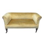 Late Victorian upholstered two seater bedroom or parlour sofa, the low back and shaped arms above