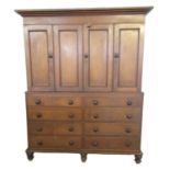 19th century oak two stage House keepers cupboard, the moulded cornice above four blind panel