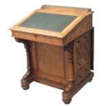 Victorian walnut Davenport desk, the brass gallery top above fall front leather inset writing slope,