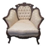 French style late Victorian walnut framed button back parlour or salon chair, standing on cabriole