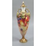 Royal Worcester two handled pedestal ovoid vase, hand-painted with fruits and foliage. Signed 'J