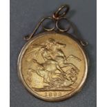 1893 gold full sovereign with 9ct gold loop suspension mount. (B.P. 21% + VAT)