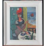 French school (mid 20th century), portrait of a young woman smoking in a window above a beach,