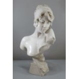 Modern white marble Art Nouveau bust of a young woman with hair band on a naturalistic base.