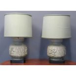 Pair of celadon glazed oriental design table lamps of baluster form, with shades, the bodies