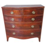 19th century mahogany bow front chest of two short and three long drawers standing on splay legs.