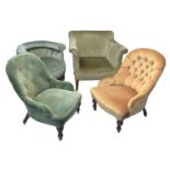 Two similar Victorian upholstered button back bedroom chairs on turned mahogany legs and casters.
