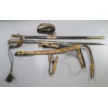 19th century naval officers dress sword with scabbard, suspension and gilt braided cross-belts. Made