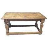 18th century Flemish design oak refectory table, having cleated three plank top above plain freeze