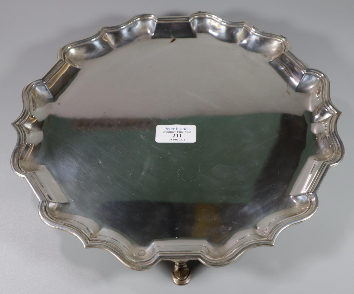 Edward VII silver salver of pie crust form standing on three hoof feet by C S Harris & Sons Ltd - Image 2 of 3