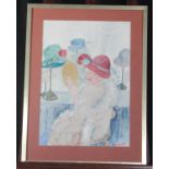 Vera Bassett (Welsh, 1912-1997, born Pontarddulais), 'Lady in a hat shop', signed, watercolours.