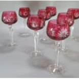 Set of 8 Bohemian Cranberry glass Hock glasses. 19.5 cm high approx. (B.P. 21% + VAT)