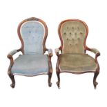 Two similar Victorian walnut button back open armchairs, one raised on brass cups and ceramic