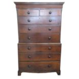 19th century Welsh oak two stage chest on chest, the moulded cornice above two short and three