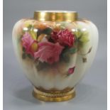 Royal Worcester 1312 vase, of baluster fluted form, hand-painted with roses. Signed 'A Shuck', dated