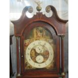 Unusual 19th century oak eight day two train long case clock, the hood with rope and swan neck