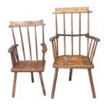 Two similar Primitive design ash stick-back elbow chairs, with solid seats, both standing on three