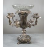 19th century silver plate four section table candelabra centre piece, having cut glass bowl above