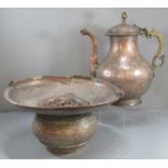 Kashmiri copper and brass single handed lidded water jug of baluster form engraved with Arabic