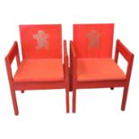 Pair of 1969 Prince Charles Investiture armchairs the back gilt decorated with the Prince of Wales