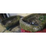 Two large reconstituted stone rustic garden planters, one 88cm wide approx, together with a large