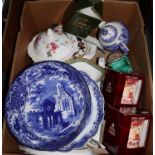 Box of assorted china to include; Royal Albert mugs in original boxes, blue and white 'Abbey' centre