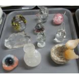 Tray of mainly glassware to include; intaglio seal desk or paperweight, other paperweights, one in