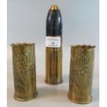 Trench art - pair of repousse decorated brass First World War shell cases, 37mm, probably German