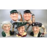 Five Royal Doulton character jugs to include; 'Pied Piper', 'Golfer' D6784, 'Apothecary', '