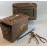 Two military ammunition boxes or cans, one revealing assorted tools; pliers etc. (B.P. 21% + VAT)