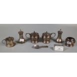 Collection of silver condiments; mustard pots, pepperettes and caddy spoon. 7.6 troy ozs approx. (