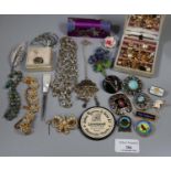 Box of assorted costume jewellery items; pin badges, beads etc. (B.P. 21% + VAT)